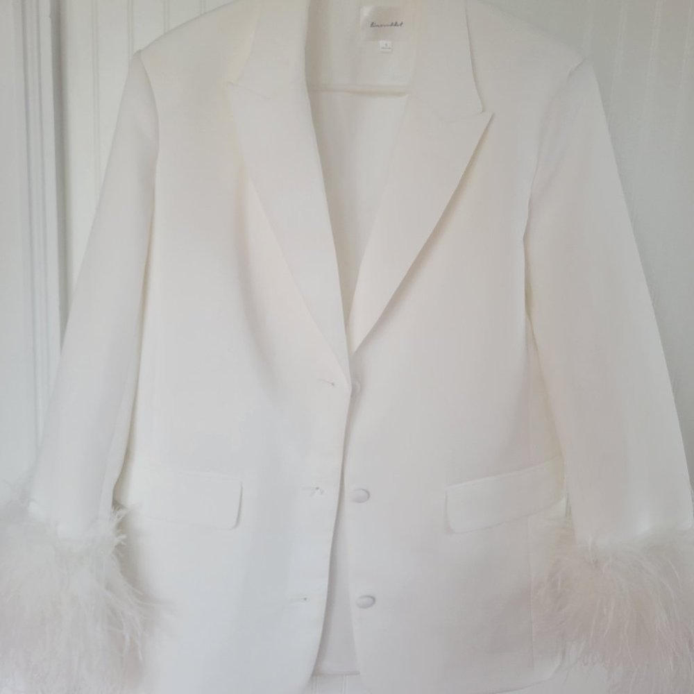 White Oversized Blazer w/ feathers (Line & Dot / REVOLVE)